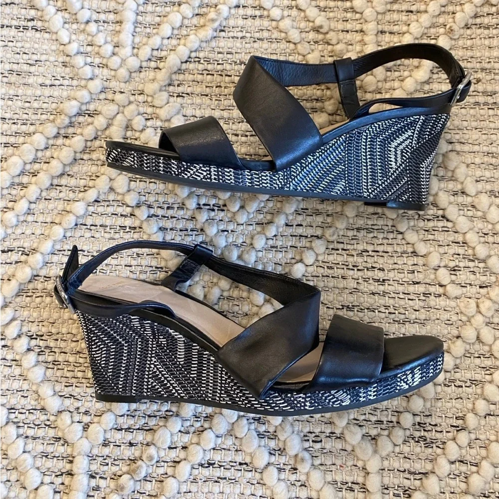 Cole Haan Ravenna Wedge Sandals‎ Strap Leather Black Shoes Size 10